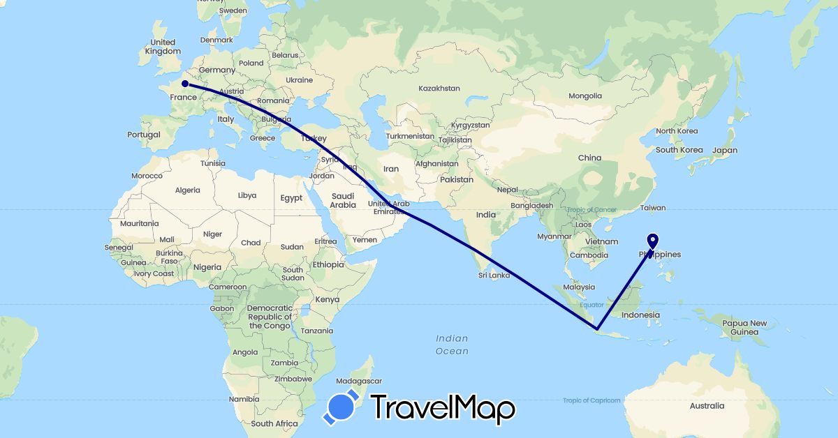 TravelMap itinerary: driving in United Arab Emirates, France, Indonesia, Philippines (Asia, Europe)